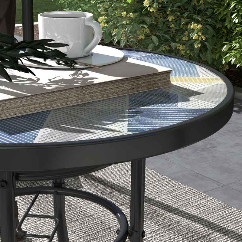 Outsunny 60 cm Garden Round Coffee Table,  Outdoor Side Table with Tempered Glass Printed Table Top and Foot Pads for Porch, Balcony, Multicolour