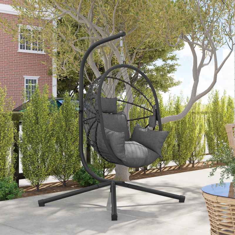 Outsunny Outdoor Swing Chair with Thick Padded Cushion, Patio Hanging Chair with Metal Stand, Foldable Basket Egg Chair with Cup Holder, Rope Structure, for Indoor and Outdoor, Grey