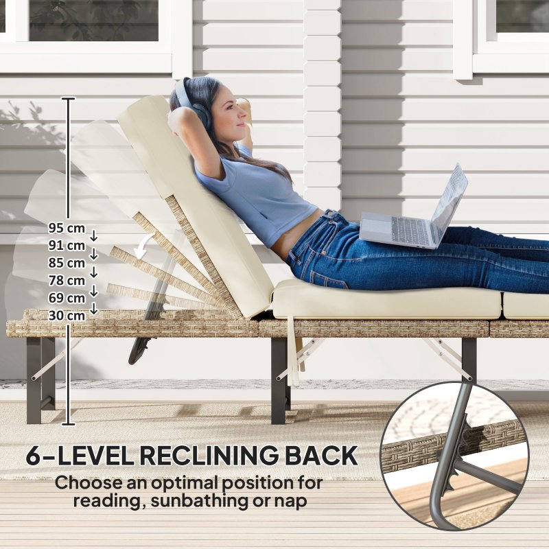 Outsunny Folding Rattan Sun Lounger, 6-Level Adjustable Garden Lounger Recliner with Cushion, Outdoor Reclining Sunbed, Garden Chair with Steel Frame for Patio, Beach, Terrace, Natural