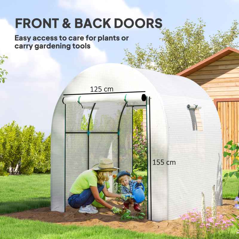 Outsunny 1.8 x 1.8 x 2m Polytunnel Greenhouse with Doors and Mesh Windows, Walk-in Grow House Tent with UV-resistant PE Cover and Steel Frame, White
