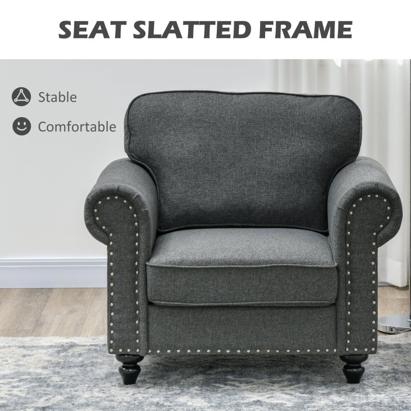 HOMCOM Fabric Accent Chair with Nailhead Trim Rolled Arms and Slatted Wood Frame, Upholstered Lounge Chair for Living Room, Bedroom, Home Office