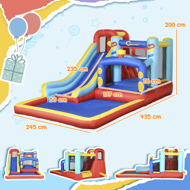 Outsunny 4 in 1 Kids Bouncy Castle with Slide Pool Trampoline Climbing Wall, Inflatable Bounce House with Blower Storage Bag, 4.35 x 2.45 x 2 m