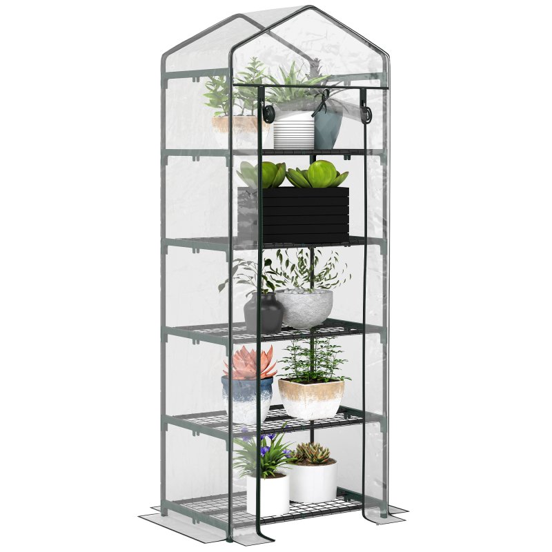 Outsunny 5 Tier Mini Greenhouse, Portable Greenhouse with Reinforced Plastic Cover, Garden Grow House with Roll Up Door and Shelves, 69 x 49 x 193cm, Green