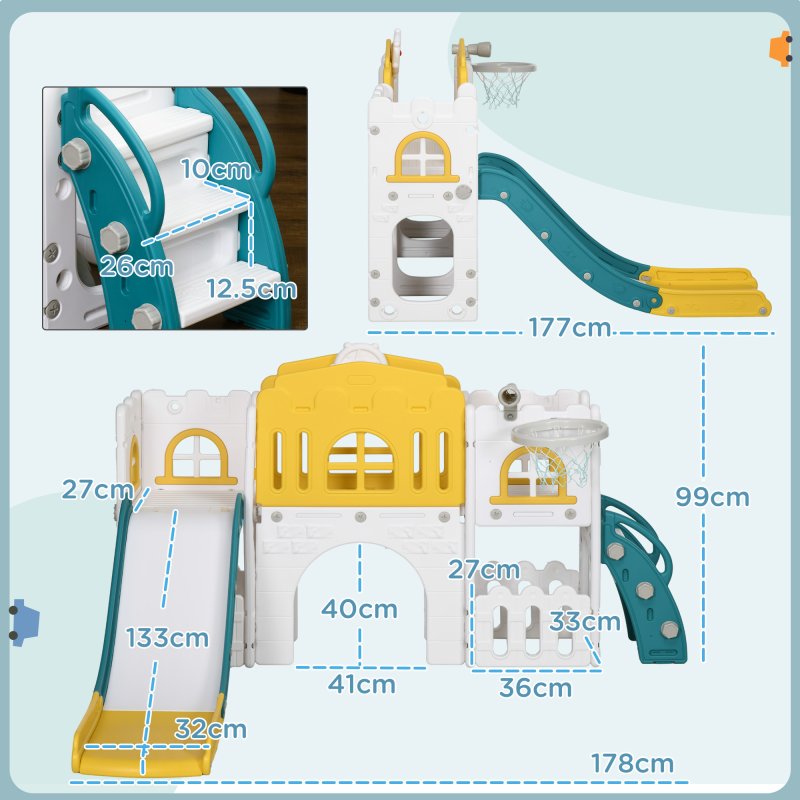 AIYAPLAY Kids Slide, 7 in 1 Toddler Slide for Indoor Use, with Basketball Hoop, Climber, Telescope, Tunnel, Steering Wheel, platform Aisle, Storage Basket, for Ages 1-3 Years, Yellow