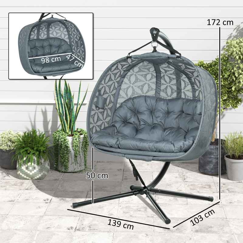 Outsunny Outdoor Double Hanging Chair, Swing Chair with Metal Stand, Thick Padded Cushion, Foldable Basket and Cup Holders, for Indoor and Outdoor, Charcoal Grey