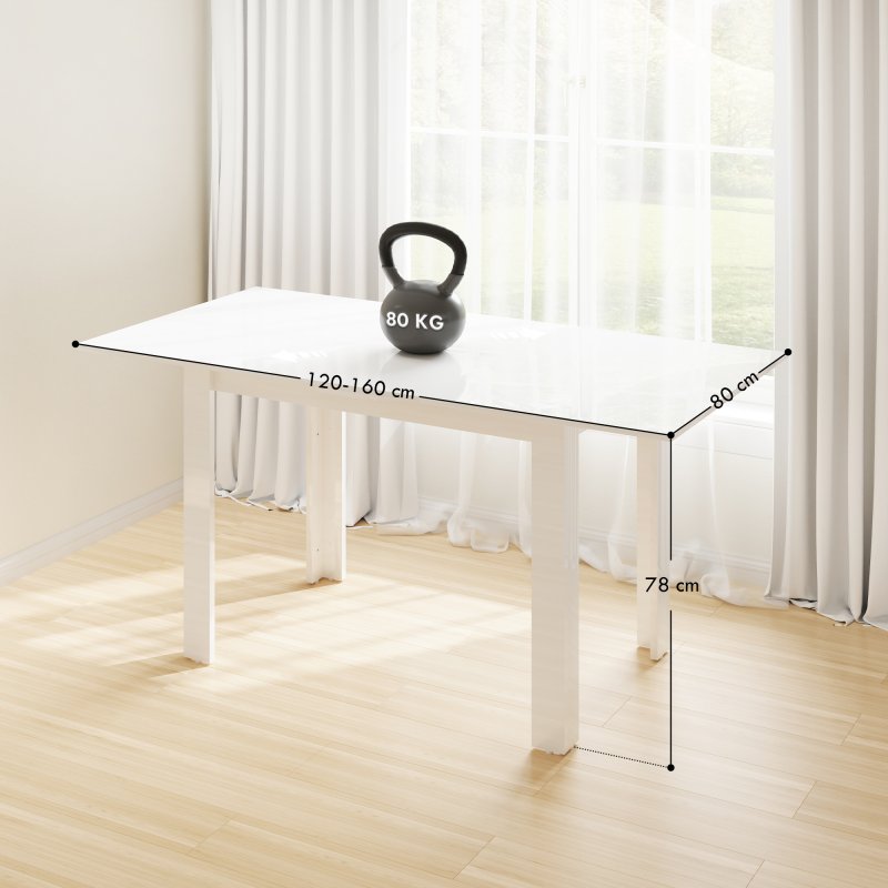 HOMCOM Extendable Dining Table, 120-160 x 70cm Rectangular Kitchen Table for Small Spaces, Seats 4-6 People, High Gloss White