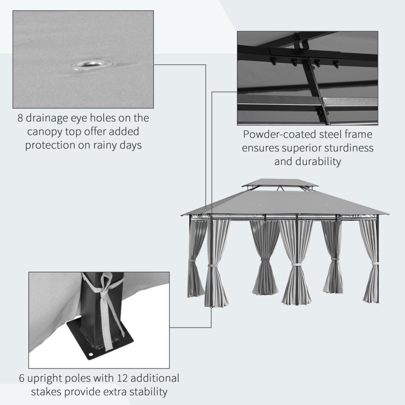 Outsunny 4m x 3(m)Garden Gazebo, Double Roof Outdoor Gazebo Canopy Shelter with Curtains, Solid Steel Frame for Lawn and Deck, Dark Grey