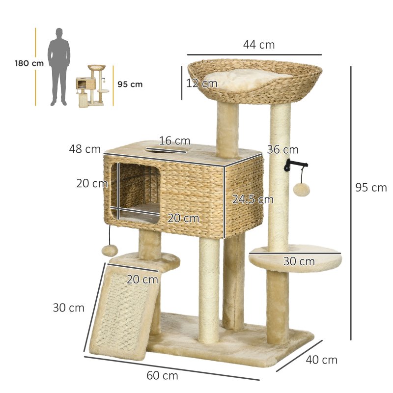 PawHut 95cm Cat Tree for Indoor Cats, Cat Tower with Scratching Posts, Ramp, Condo, Toy Balls, Platform, Bed, Ramp - Beige