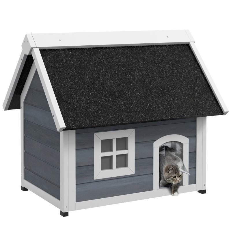 PawHut Outdoor Cat House, Wooden Feral Cat Shelter, Water-Resistant Hide Home with Openable Asphalt Roof, Three Doors, 77 x 57.5 x 68cm - Grey