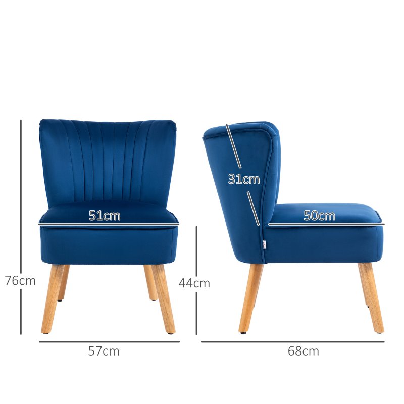 HOMCOM Velvet Accent Chair Occasional Tub Seat Padding Curved Back with Wood Frame Legs Home Furniture Dark Blue