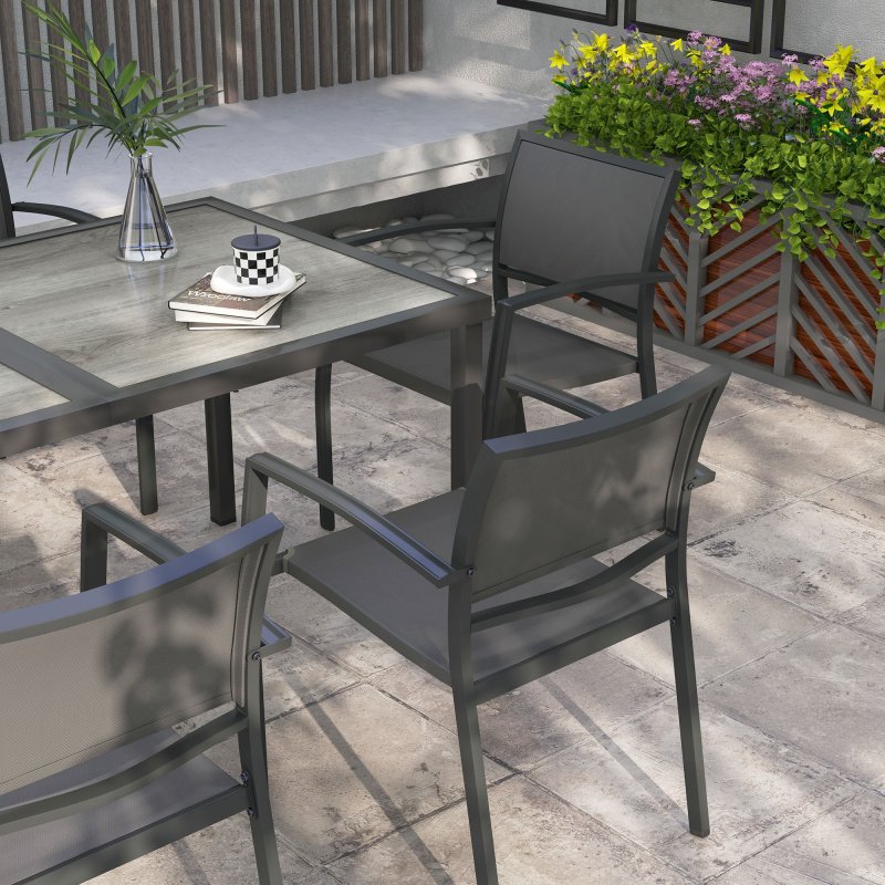 Outsunny 6 Seater Garden Dining Set, Stackable Armchairs and Wood-like Top Table, Space-Saving Outdoor Table and Chairs with Breathable Mesh Seat, Garden Furniture Set, Grey