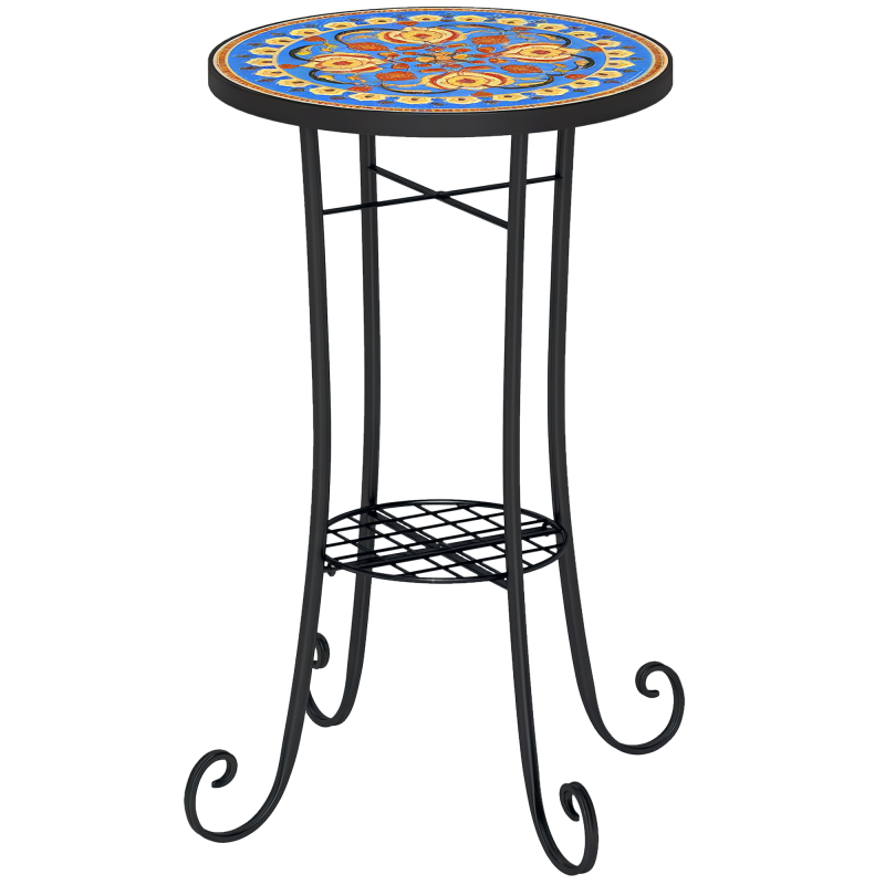 Outsunny Mosaic Garden Table, 35.5 cm Round Outdoor Table with Shelf, Ceramic Tile Top, Small Garden Side Table Bistro Table End Table Plant Stand for Indoor, Patio, Balcony, Blue