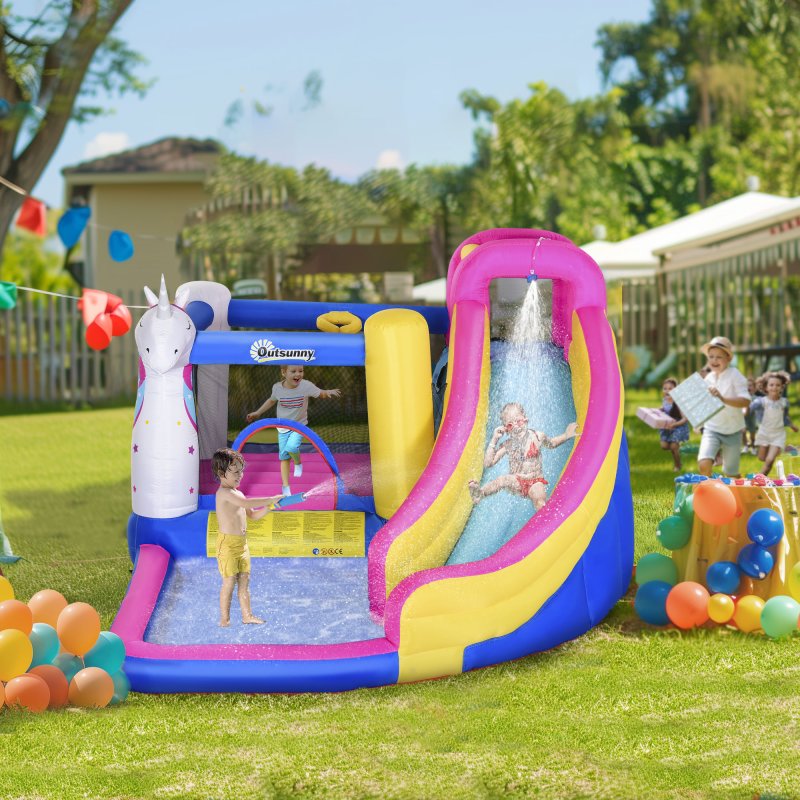 Outsunny Bouncy Castle for Children, 5 in 1 Inflatable Bounce House Unicorn Design with Blower, Slide, Climbing Wall, Basketball Hoop, for Ages 3-8 Years
