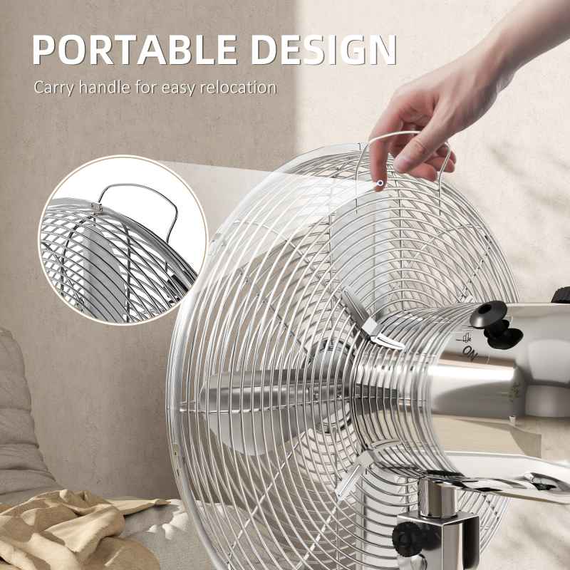 HOMCOM 12" Metal Desk Fan with 3 Speed Settings, Wide-Angled Oscillation, Adjustable Tilt, Portable Table Fan for Bedroom or Home Office, Silver Tone