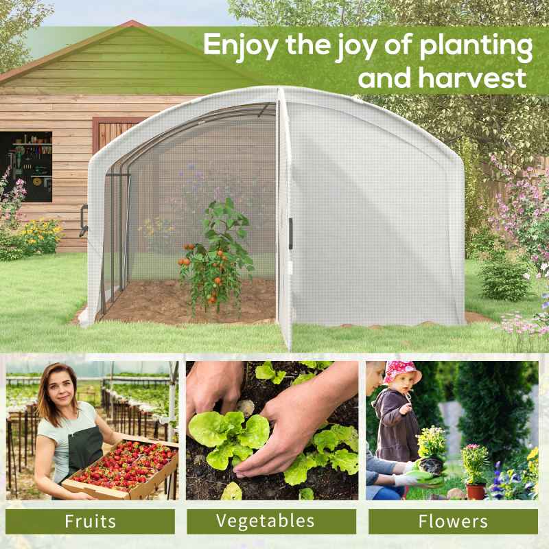 Outsunny 4 x 3 x 2m Polytunnel Greenhouse with Hinged Door, Walk-in Grow House Tent with UV-resistant PE Cover, Galvanised Steel Frame, Clamps, White