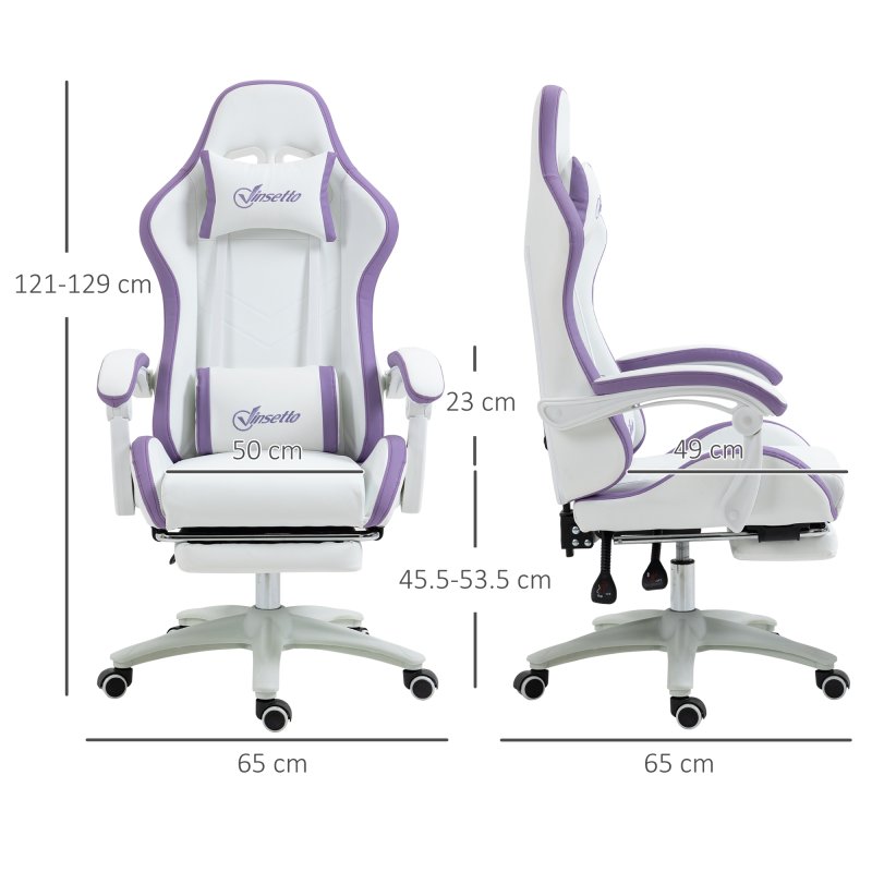 Vinsetto Computer Gaming Chair, PU Leather Office Desk Chair with Footrest, Swivel Wheels, 135?? Reclining Back, Lumbar Support, Headrest for Home, White and Purple