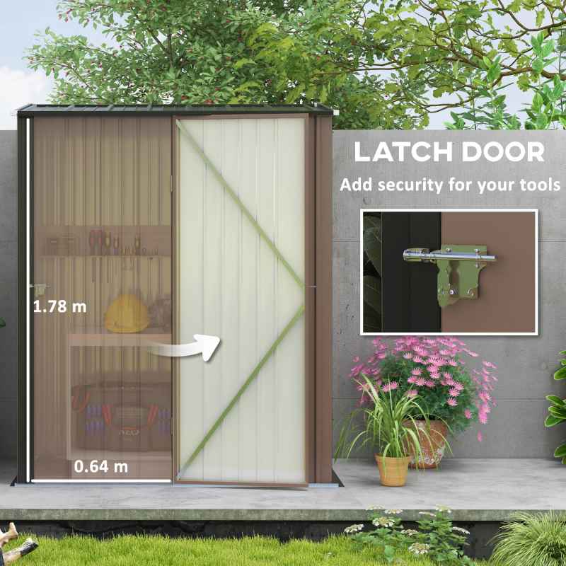 Outsunny 5ft x 3ft Lean to Garden Shed, Metal Outdoor Storage Shed with Single Lockable Door, Tool Storage Shed for Garden, Patio, Brown