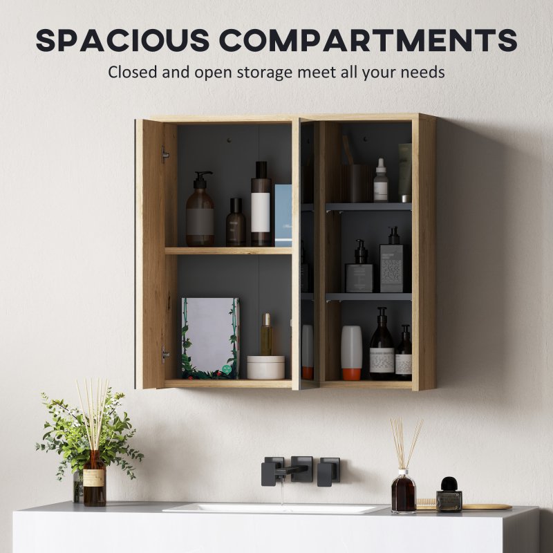 HOMCOM Bathroom Mirror Cabinet, Wall Mounted Bathroom Cabinet with Mirror, 2 Doors and Cupboards, Natural