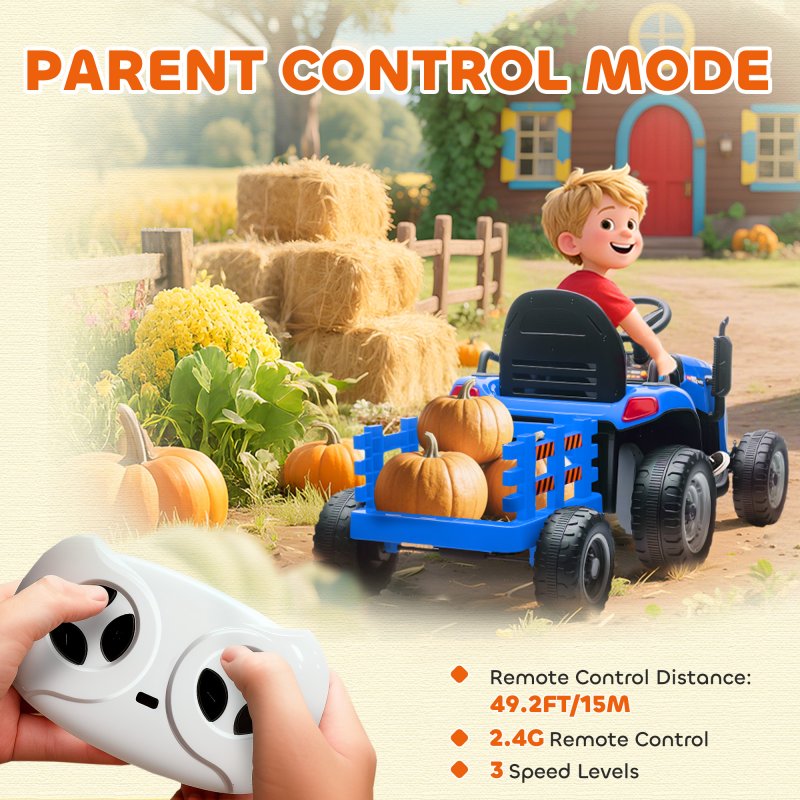 AIYAPLAY Ride on Tractor with Trailer, 12V Electric Vehicle with Remote Control, Ride on Car for Kids with Music, Shifter, Start-Up Sound for Ages 3-8 Years, Blue