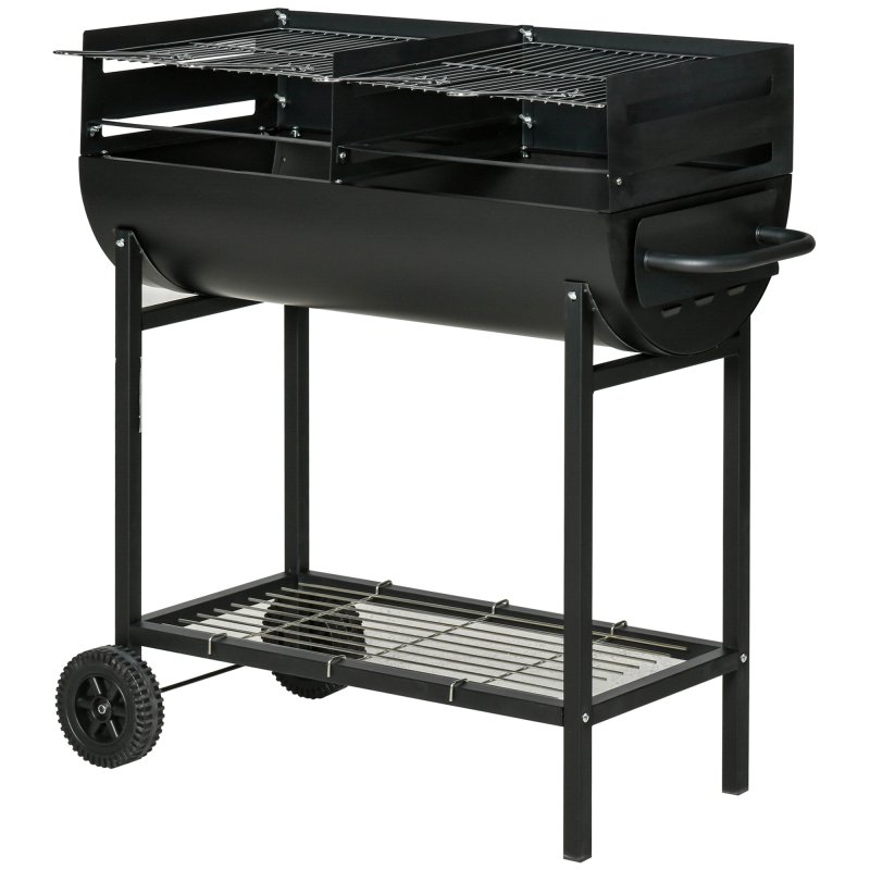 Outsunny Trolley Charcoal BBQ Barbecue Grill Cooker with 3-Level Adjustable Height Grill Nets, Patio Outdoor Garden Heating Heat Smoker with Wheels, 90 x 45 x 96 cm, Black