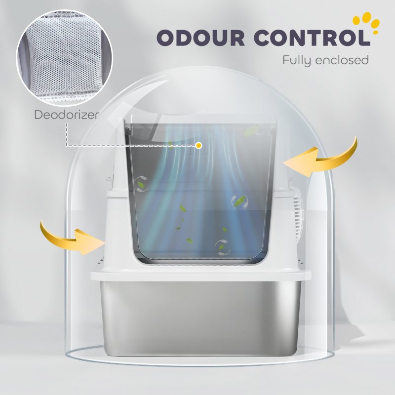 PawHut Stainless Steel Cat Litter Tray, Extra Large Enclosed Litter Box for Large Cats with Scoop, Flip Top, Easy Cleaning, Light Grey