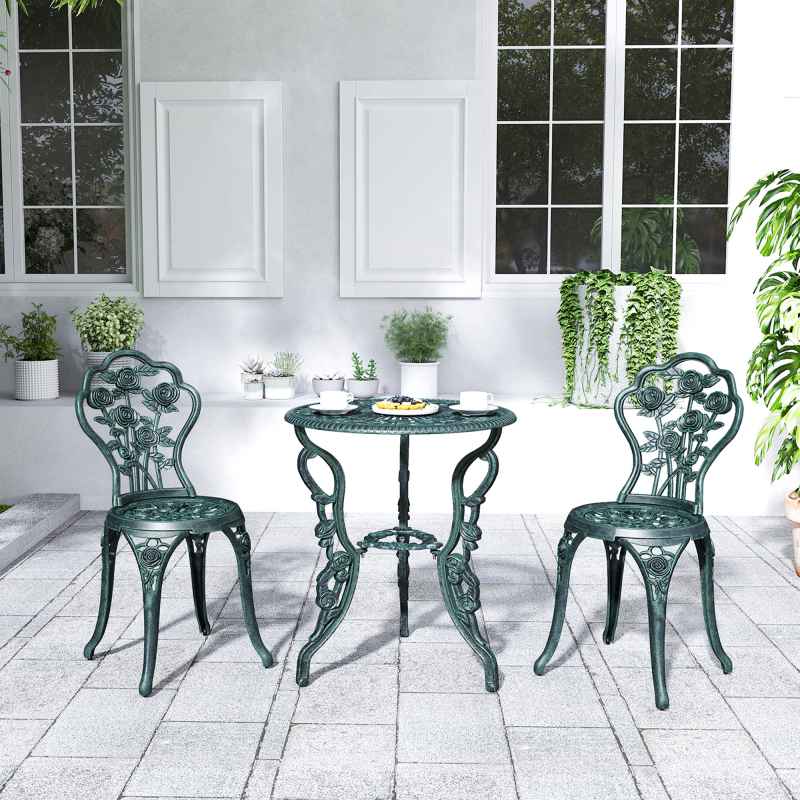 Outsunny Garden Bistro Set with Umbrella Hole, 3 Piece Cast Aluminium Garden Furniture Set, Antique Floral Round Coffee Table and Chairs, Small Balcony Furniture for Outdoor, Patio, Green