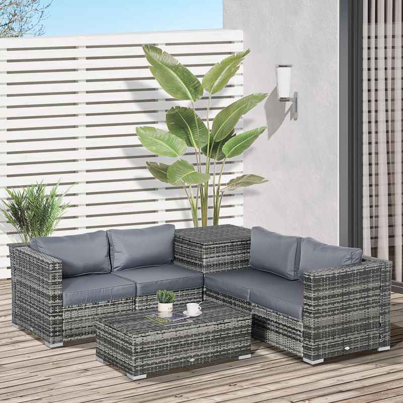 Outsunny 6 Pieces Rattan Garden Furniture Set, 4 Seater Wicker Garden Corner Sofa Set with 2 Storage Tables and Loveseats, Outdoor Conversation Furniture with Cushions for Conservatory, Patio, Grey