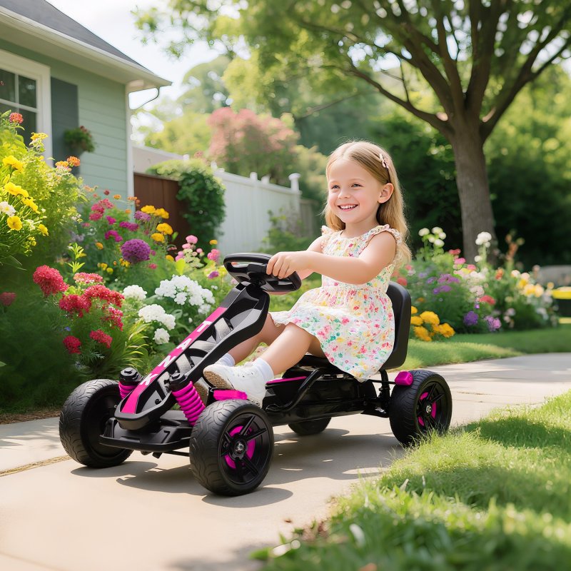 AIYAPLAY Pedal Go Kart, Ride on Racer with Freewheel System, Brake, Non-Slip EVA Wheels, Metal Frame, Go Kart for Kids Ages 3-6 Years, Pink