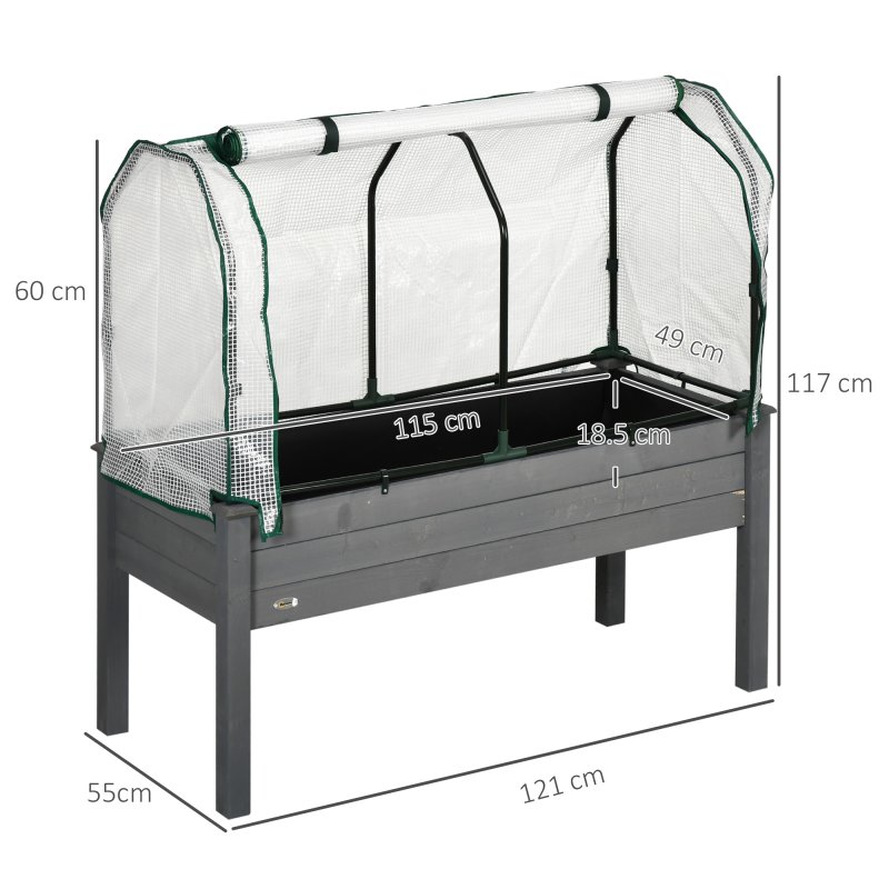 Outsunny Raised Garden Bed with PE Greenhouse Cover, Outdoor Elevated Wood Planter Box for Herbs and Vegetables, Use for Patio, Garden, Balcony, 121 x 55 x 117cm, Dark Grey