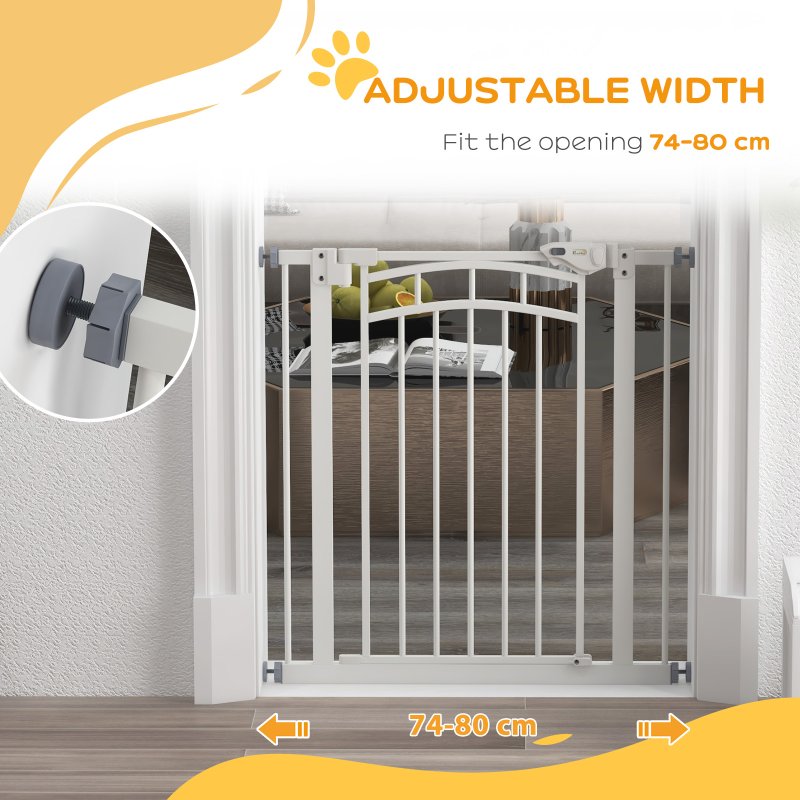 PawHut Dog Stair Gate, Pressure Fit Dog Safety Gate with Automatic Closing System, Double Locking, for Stairs, Doors, Hallways, House, 74-80cm Width, White