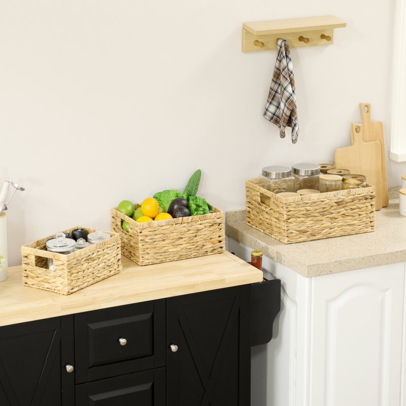 HOMCOM Set of 3 Wicker Storage Baskets, Woven Baskets with Handles, for Organizing, Storage Boxes for Shelves, Bedroom, Living Room, Bathroom, Natural Tone