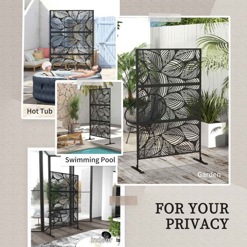 Outsunny Decorative Garden Privacy Screen with Stand, 6.5FT Freestanding Metal Outdoor Divider, Decorative Privacy Panel with Expansion Screws for Garden Pool Hot Tub, Leaf Style, Black
