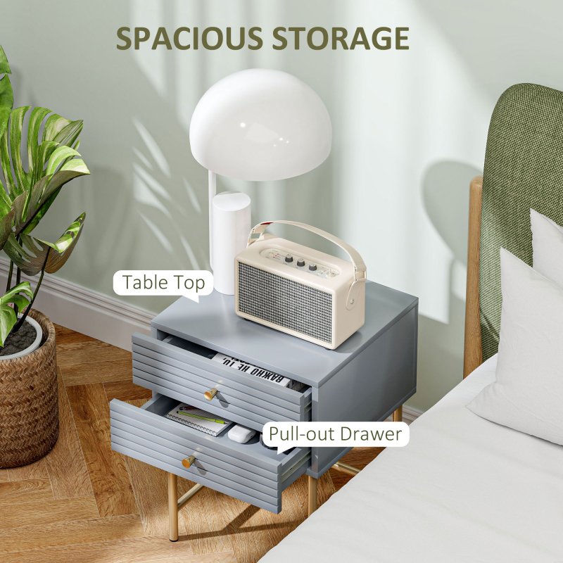HOMCOM Bedside Tables Set of 2, Bedside Cabinet with 2 Drawers, Gold Steel Legs, Modern Side Table with Striped Panel for Bedroom, Living Room, Grey