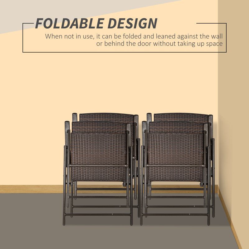 Outsunny Folding Garden Chairs Set of 4, PE Rattan Garden Dining Chairs with Armrests, High Back and Steel Frame, Weather Resistant Outdoor Dining Furniture for Patio, Balcony, Brown