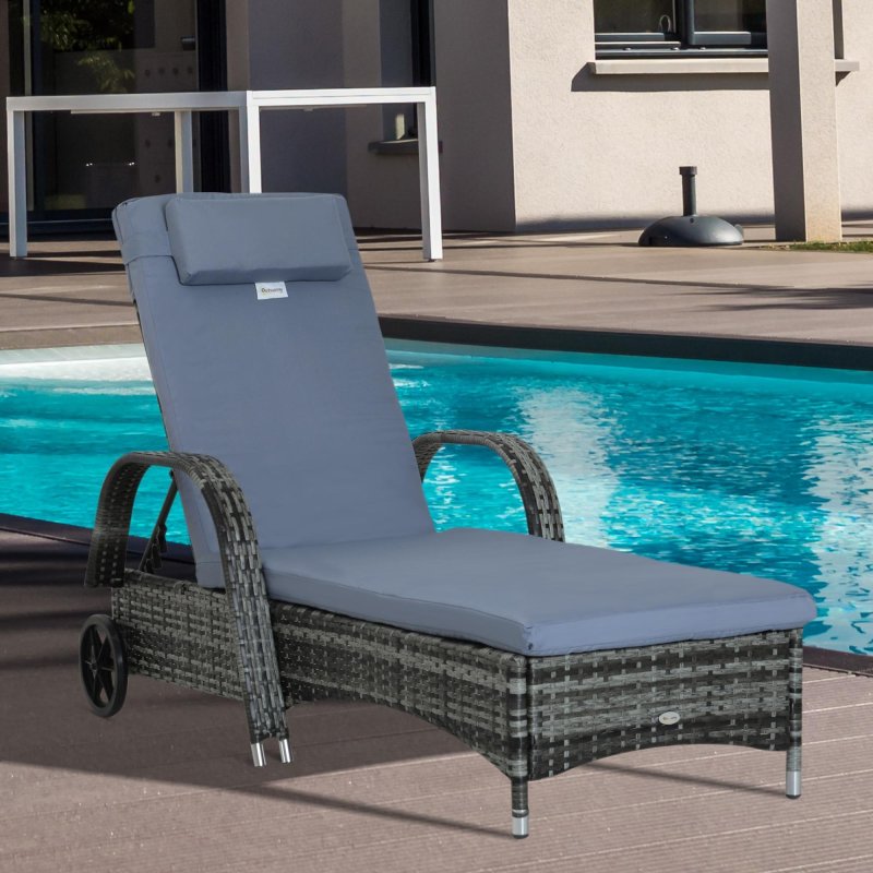 Outsunny Rattan Sun Lounger, Garden Lounger Recliner with Wheels and Adjustable Backrest, Outdoor Reclining Sunbed Garden Chair with Cushion and Headrest for Patio, Beach, Terrace, Grey