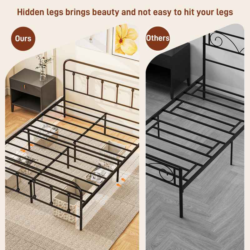 HOMCOM 4ft6 Double Bed Frame with Underbed Storage, Metal Platform Bed frame with Tall Headboard, Footboard and Steel Slat Support, No Box Spring Needed, Easy Assembly, Black