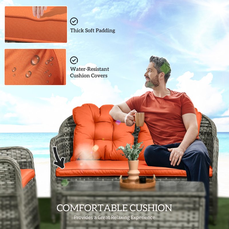Outsunny 4 Pieces Outdoor PE Rattan Garden Furniture with Cushions, Patio Special Hand Weave Wicker Conservatory Sofa Set with Glass Top Coffee Table, Orange