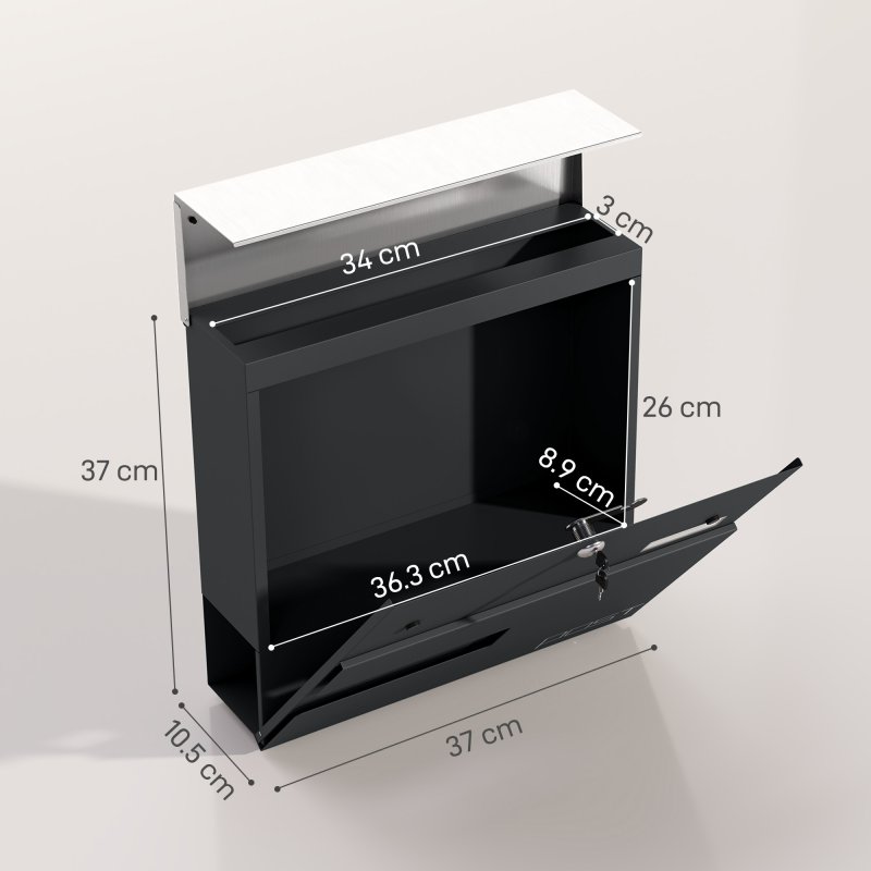 HOMCOM Wall Mounted Post Box with Viewing Window, 2 Lock, Modern Galvanised Steel Mailbox with Copper Core, Weatherproof Letterbox for Outdoor Use, Easy to Install, Charcoal Grey