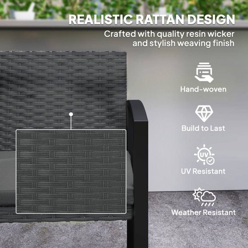Outsunny 2 Seater Rattan Garden Bench, Outdoor Bench with Cushion, PE Wicker Garden Loveseat with Armrests, Galvanised Steel Frame for Patio, Park, Dark Grey