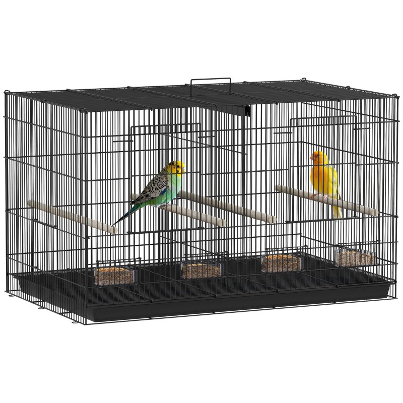 PawHut Bird Cage with Divider, Parrot Cage with 4 Wooden Perches, Slide Out Tray, 4 Feeders, for Budgie, Lovebird, Canary, Finches, 76 x 46 x 46cm, Black