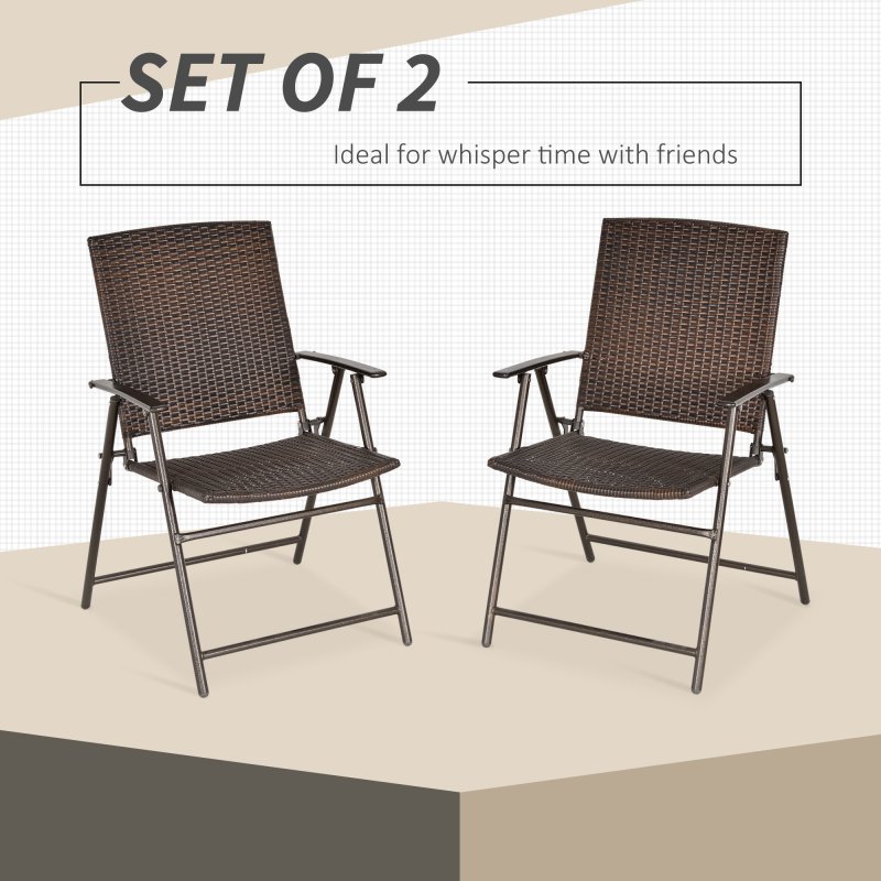 Outsunny Folding Garden Chairs Set of 2, PE Rattan Garden Dining Chairs with Armrests, High Back and Steel Frame, Weather Resistant Outdoor Dining Furniture for Patio, Balcony, Brown
