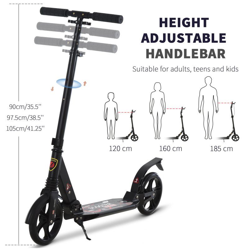 HOMCOM Folding Kick Scooter, Adjustable Ride On Scooter with 200mm Big Wheels and Double Shock Absorption, Urban Scooter for 14+ Teens Adult, Black