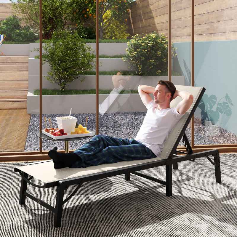 Outsunny Folding Sun Lounger, 5-Position Adjustable Reclining Garden Lounger, Garden Chaise Lounge Sunbed Recliner Chair with Steel Frame for Beach, Porch, Patio, Camping, Khaki