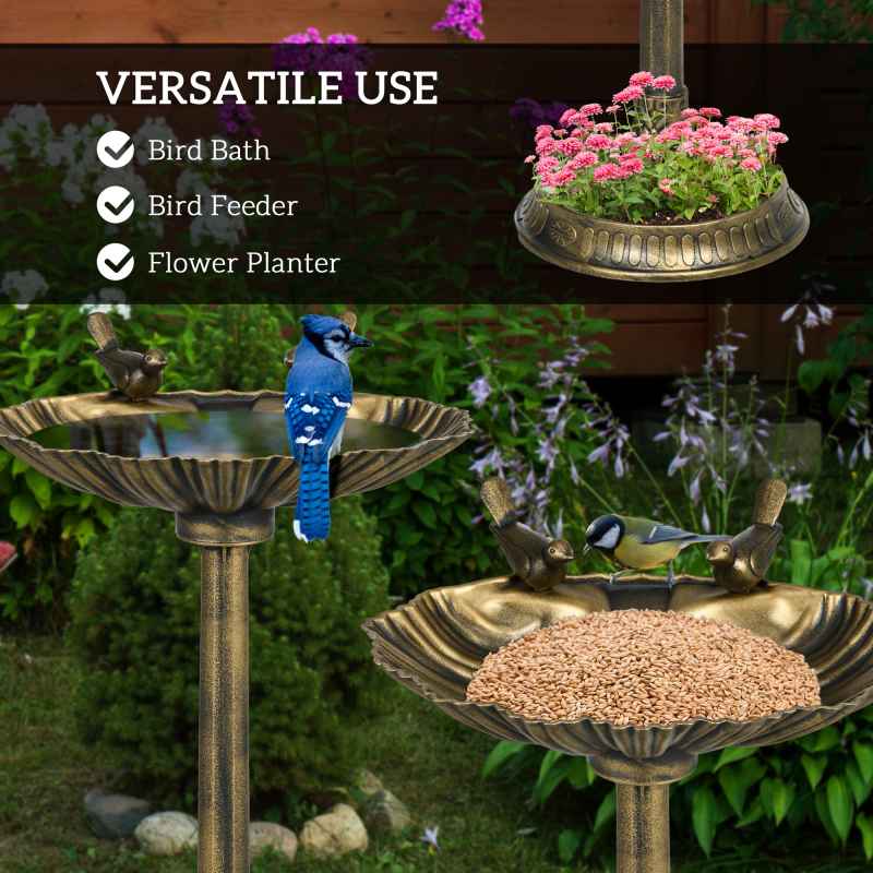 Outsunny 81cm Tall Bird Bath with 2 Decorative Birds, Vintage Style Birdbath with Flower Planter Base, Bird Bath Bowl for Garden, Bronze Tone