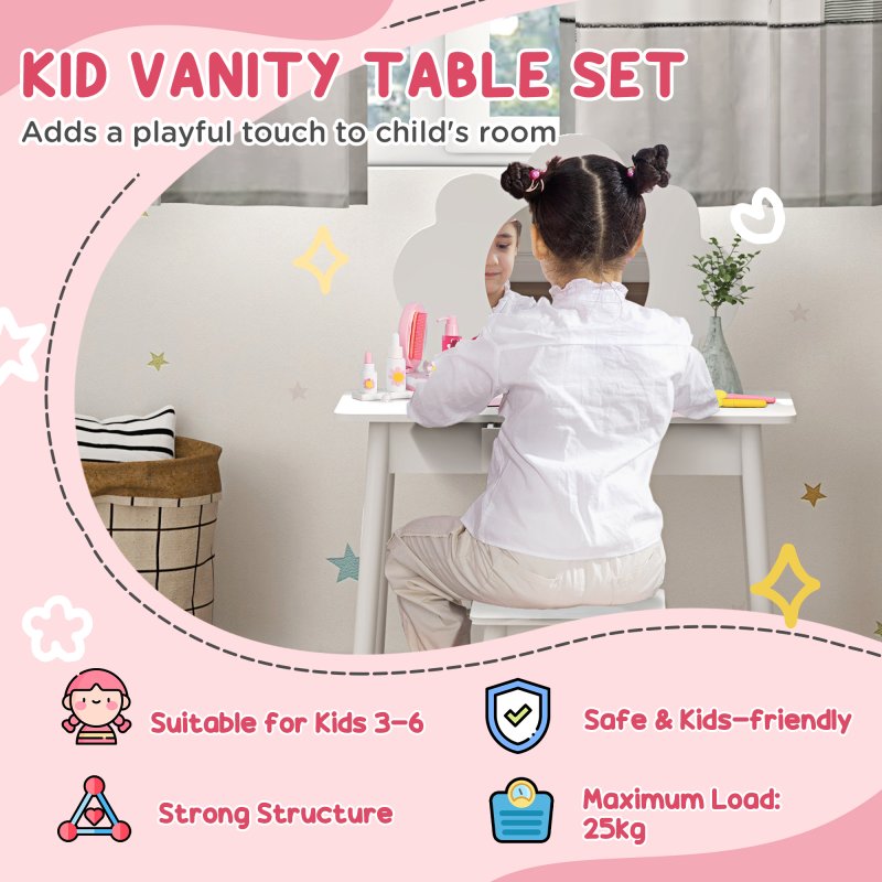 AIYAPLAY Kids Dressing Table with Mirror, Stool, Kids Vanity Table with Cloud Design, Drawer, for Ages 3-6 Years, White