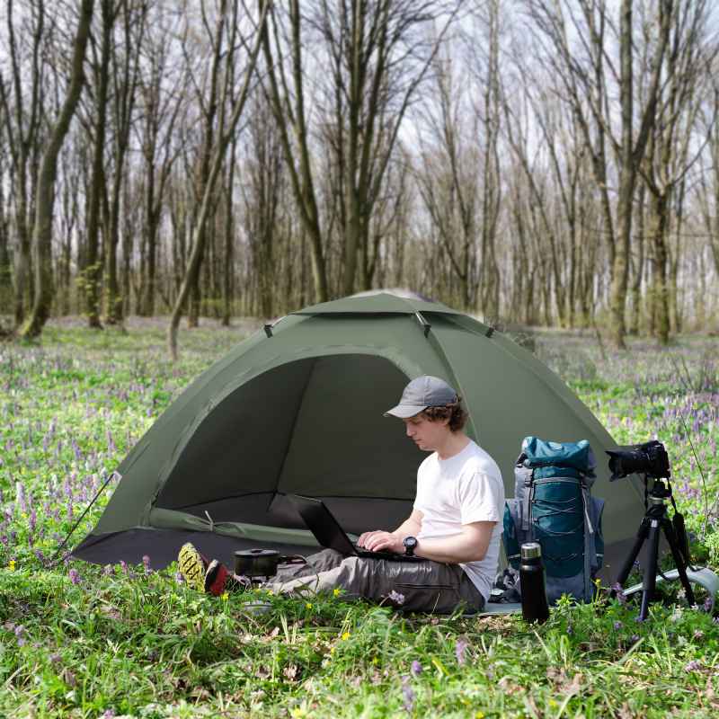 Outsunny 2 Person Camping Tent, Dome Tent with Zipped Doors, Storage Pocket, Portable Handy Bag, Dark Green