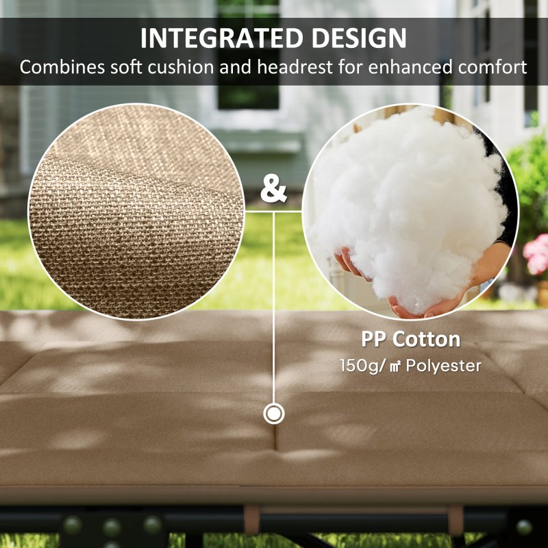 Outsunny Folding Camping Bed for Adults with Cushion, Heavy Duty Portable Travel Camping Cot with Headrest, Side Pocket and Non-Slip Foot Pads for Outdoor Beach Travel Office, Khaki