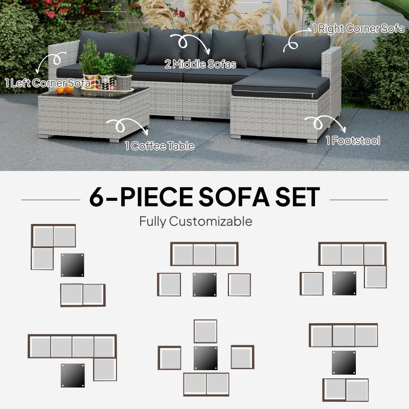 Outsunny 6 Pieces Rattan Garden Furniture Set, 5 Seater Sectional Garden Corner Sofa Set with Glass Top Coffee Table, Cushions and Pillows, All-Weather Wicker Conversation Furniture, Mixed Grey