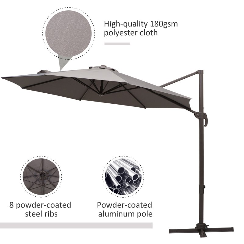 Outsunny 3M Cantilever Parasol, Hanging Garden Umbrella Sun Shade with 360 Rotation, Aluminium Frame, Cross Base, Hand Crank, Grey