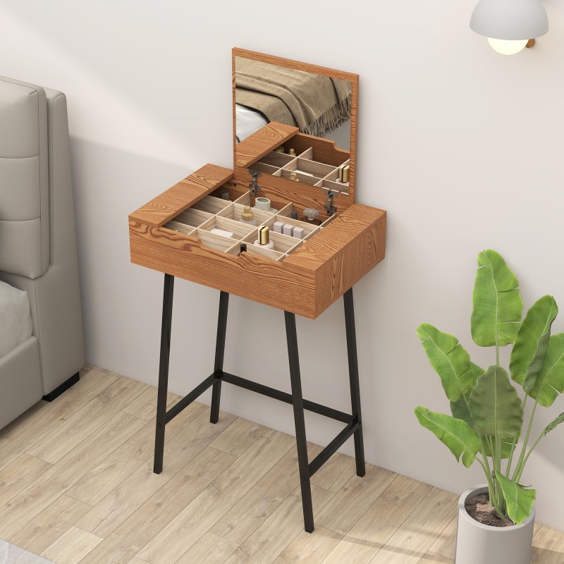 HOMCOM Dressing Table with Flip-Up Mirror, 16 Small Compartments, Industrial Vanity Desk, Makeup Desk with Steel Legs for Bedroom, Natural Wood Effect